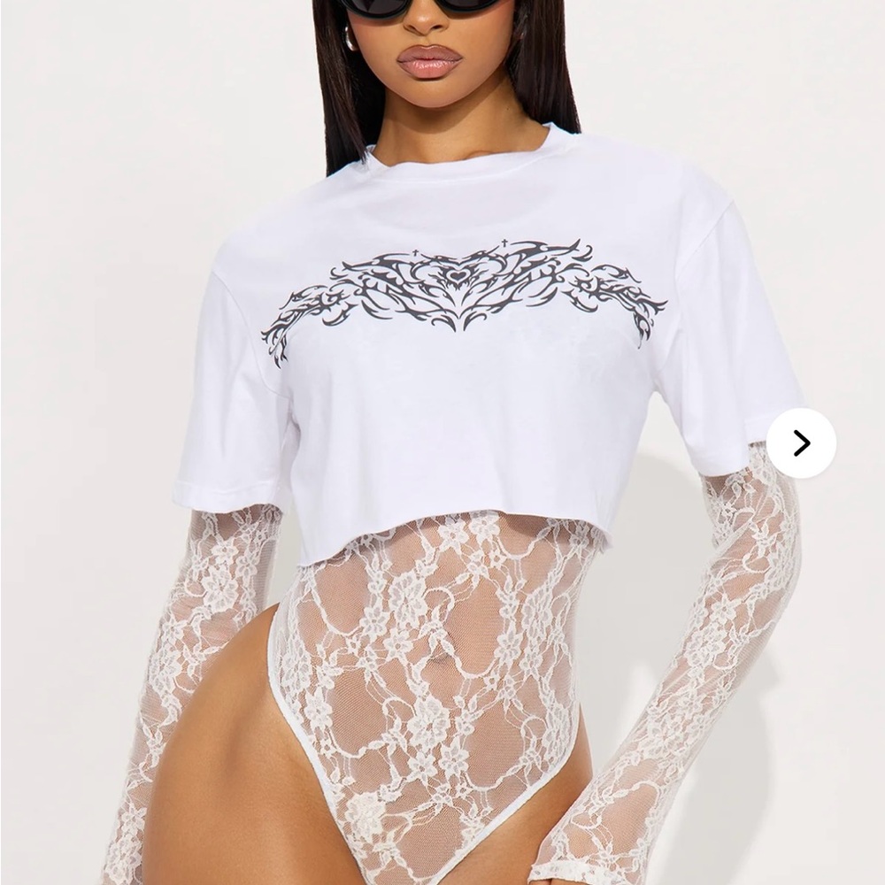 White Lace Bodysuit Layered Tattoo Graphic Crop Top T-Shirt Size L EUC NWOT
